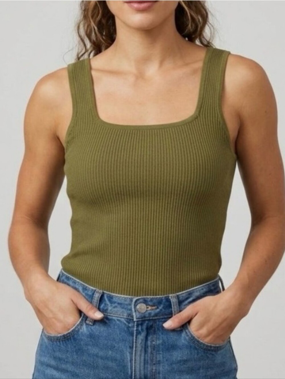 BAILEY 44 RIBBRED KNIT SQUARE NECK TANK TOP / OLIVE GREEN
